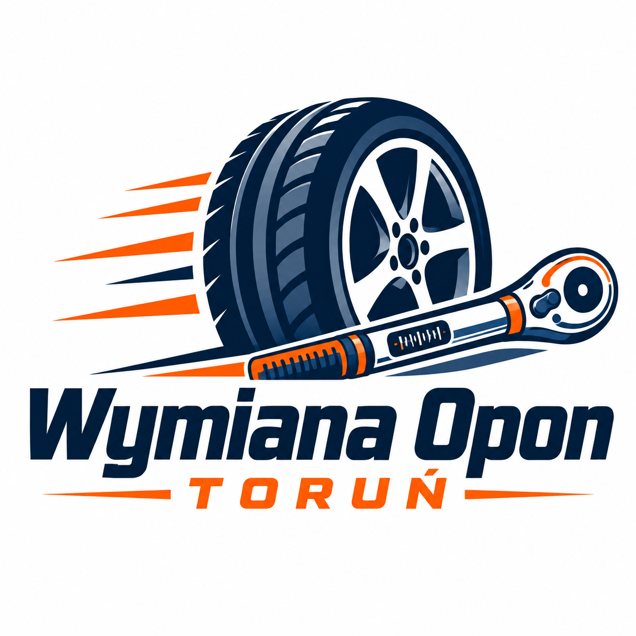 Wymiana Opon Toruń — firmowa grafika z oponą, kluczem i pomarańczowymi liniami ruchu